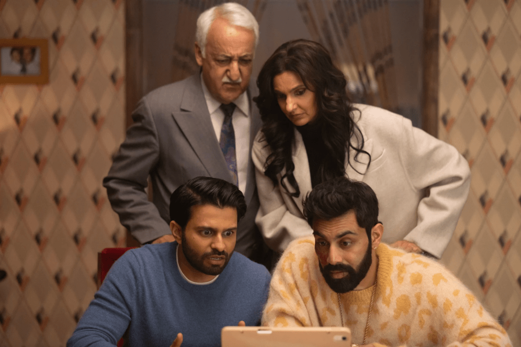   Ahmad (Brian George), Lucky (Poorna Jagannathan), Mir (Asif Ali), and Raj Dar (Saagar Shaikh) in Deli Boys.