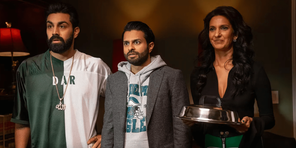 Raj Dar (Saagar Shaikh), Mir (Asif Ali) and Lucky (Poorna Jagannathan) in Deli Boys.