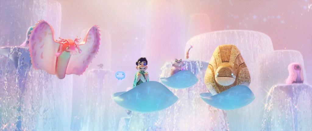 Ambassador Questa (voice of Jameela Jamil), Ooooo (voice of Shirley Henderson) and Elio (voice of Yonas Kibreab) in Elio.