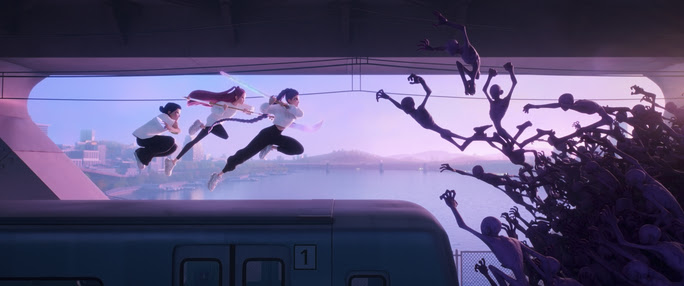 Zoey, Mira and Rumi demon slaying in KPop Demon Hunters. (Photo courtesy of Netflix)