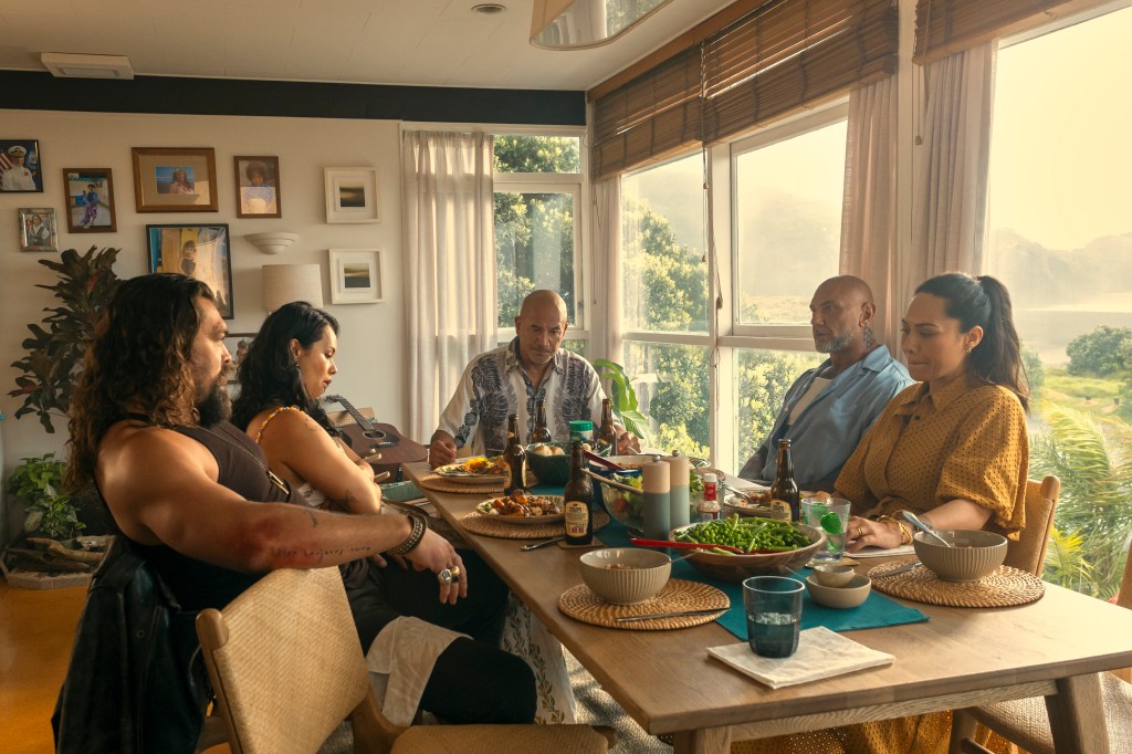 Jonny Hale (Jason Momoa), Haunani Palakino (Frankie Adams), Gov. Peter Majoe (Temuera Morrison), James Hale (Dave Bautista), and Leila Hale (Roimata Fox) in The Wrecking Crew. 