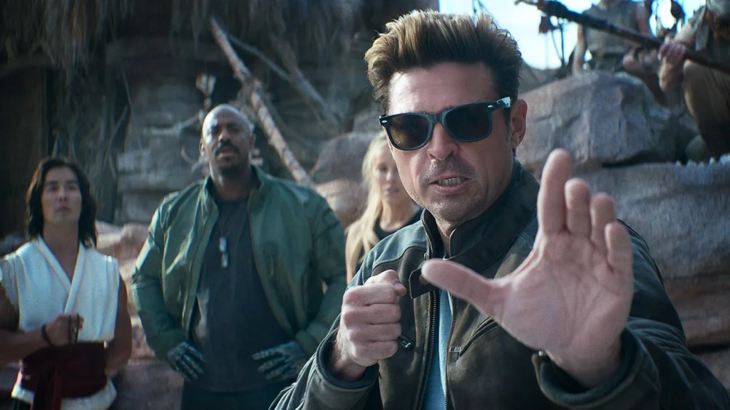 Ludi Lin as Liu Kang, Mehcad Brooks as Jax, Jessica McNamee as Sonya Blade, and Karl Urban as Johnny Cage in Mortal Kombat II. (Photo courtesy of Warner Bros. Pictures)