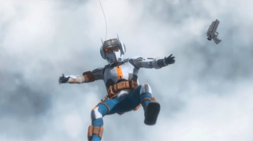 A futuristic character in a blue and gray suit falls through a cloudy sky, with a small gun in mid-air beside them.