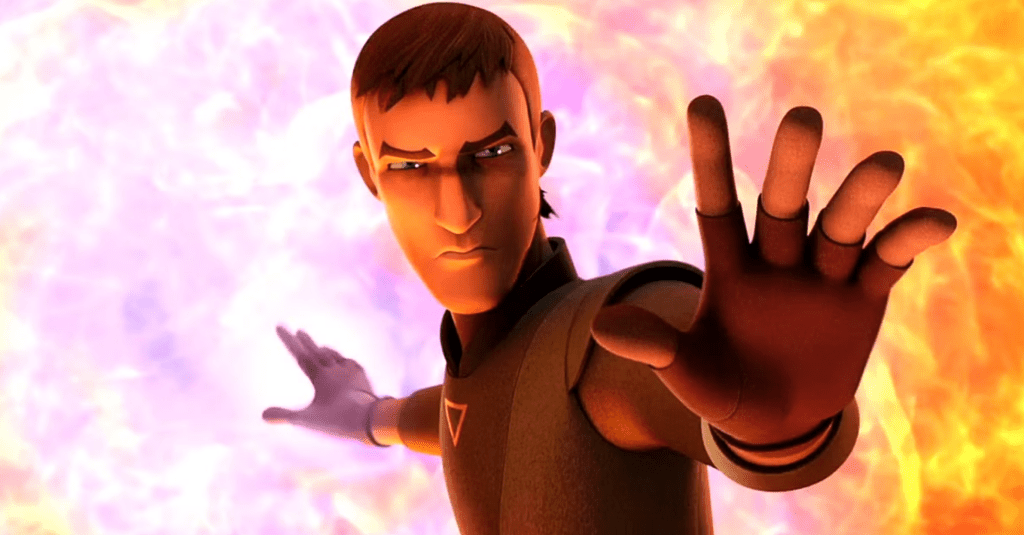 A male animated character with short hair and a serious expression, extending his hands towards an explosion of colorful energy behind him.