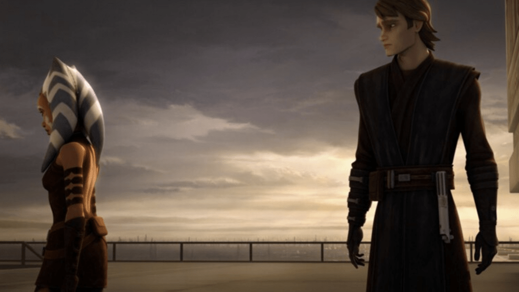 Ahsoka Tano and Anakin Skywalker stand facing each other against a sunset backdrop, with Ahsoka turned away and Anakin looking concerned.