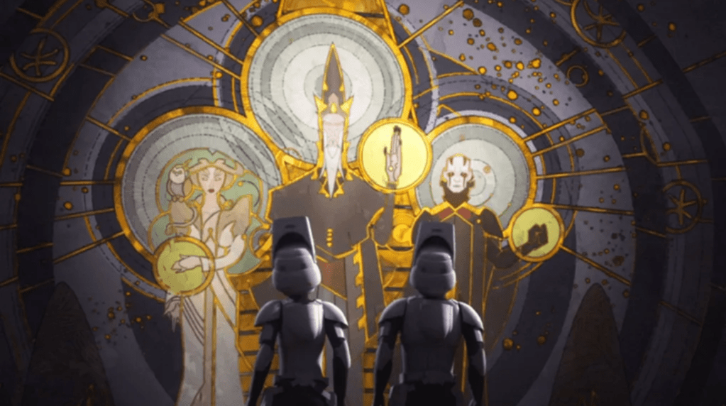 Two armored figures facing a large mural depicting three stylized figures with golden halo-like circles, surrounded by celestial designs.