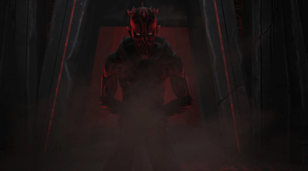 A menacing dark figure standing in a smoky environment, with sharp features and glowing eyes, creating an ominous atmosphere.