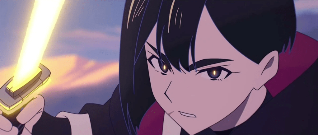 An animated character with long black hair is holding a glowing sword, displaying a determined expression, against a colorful background.