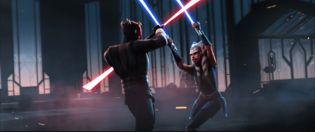 A dynamic action scene featuring two characters engaged in a lightsaber duel, one wielding a red lightsaber and the other a blue lightsaber, set in a dark, futuristic environment.