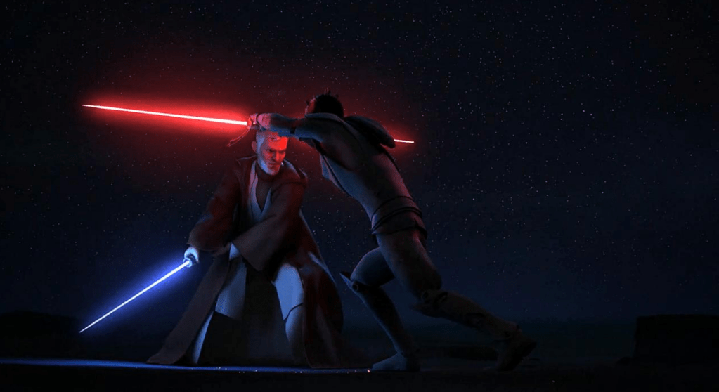 A dramatic lightsaber duel between two figures under a starry night sky, one wielding a blue lightsaber and the other a red lightsaber.