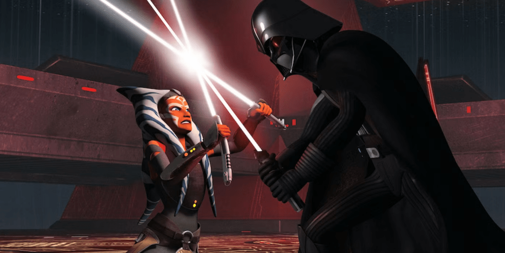 A tense battle scene featuring a female character wielding two lightsabers, facing off against a dark figure in a black cloak and helmet, surrounded by a futuristic setting with bright beams of light.