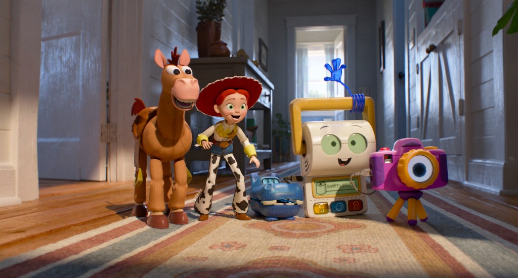 Bullseye, Jessie, Atlas, Smarty Pants, and Snappy in Disney and Pixar's Toy Story 5. (Photo courtesy of Pixar. © 2026 Disney/Pixar. All Rights Reserved.)