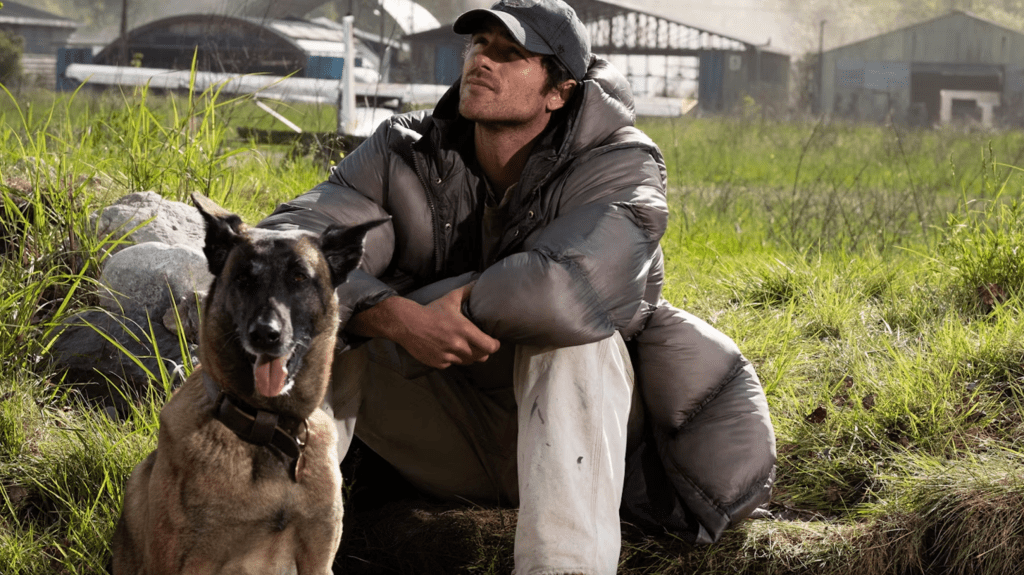 Hig (a man portrayed by Jacob Elordi) is sitting on the ground next to a dog, both looking relaxed in a grassy area with buildings in the background.